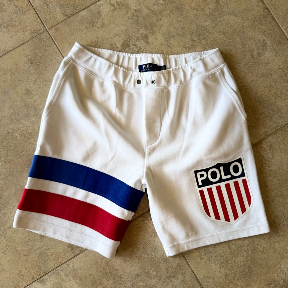 Ralph Lauren White Athletic Shorts with Blue and Red Stripe and Polo Shield